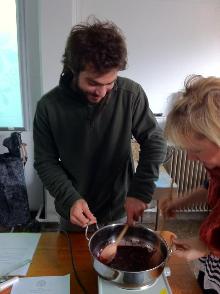 We take it in turns to stir the potions. George lends a hand with some elderberries.